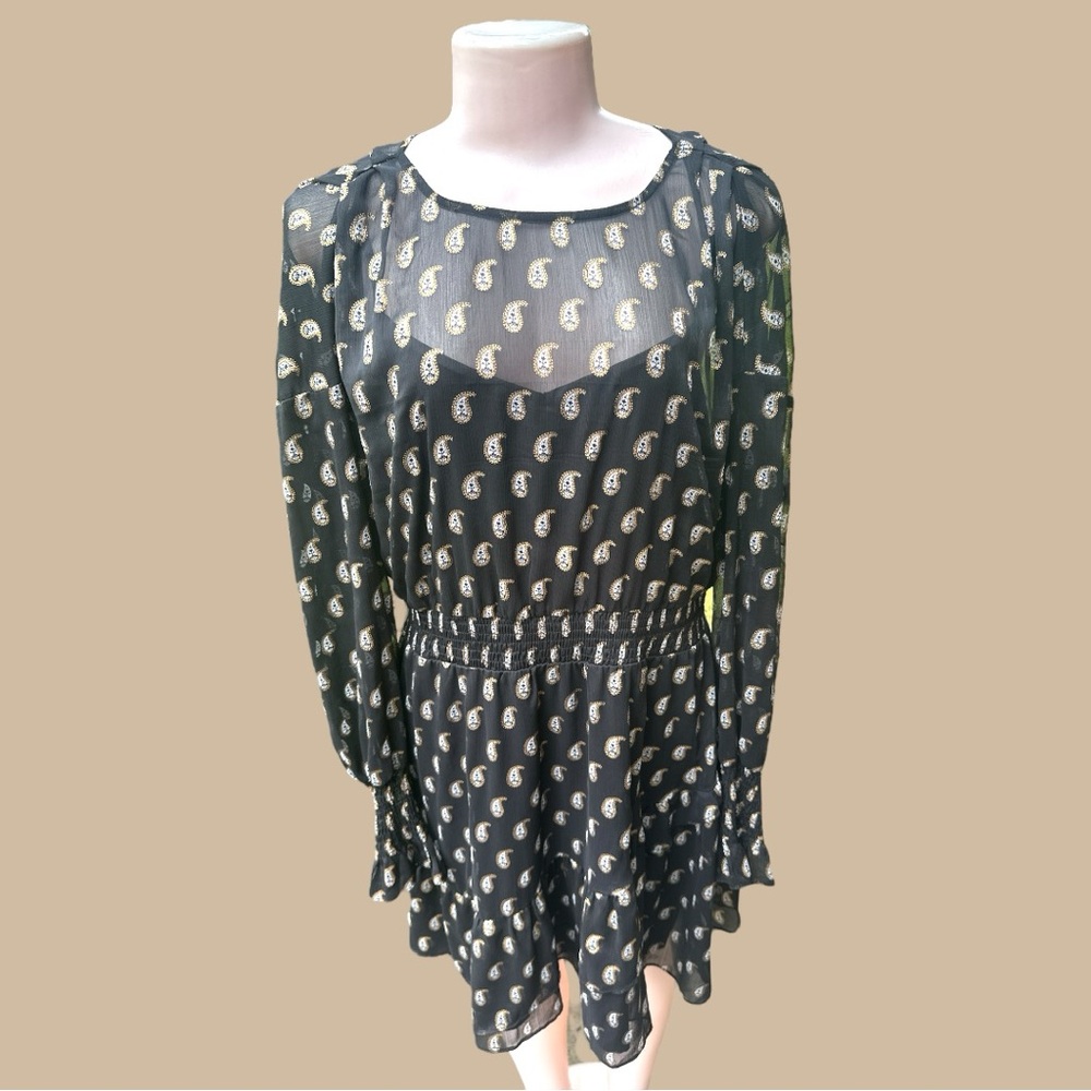 INC Petite L Black Gold Metallic Paisley Chiffon Long Sleeve Dress